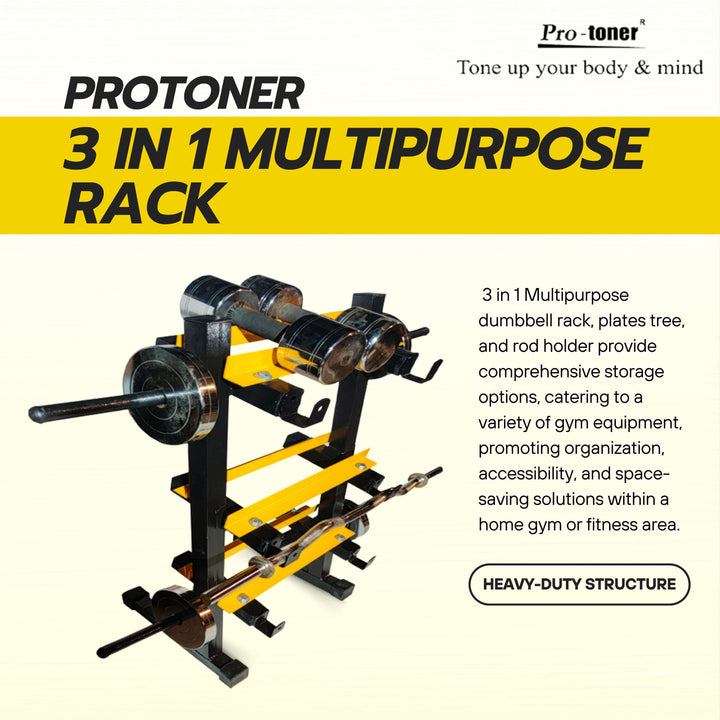 Protoner 3 in 1 Dumbbell Rack, Plate Stand and bar Holder Black and Yellow Protoner GYM