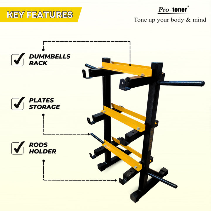 Protoner 3 in 1 Dumbbell Rack, Plate Stand and bar Holder Black and Yellow | Gym Equipment | Home Gym Equipment | Commercial Gym Machines | Strength Training Equipment | Protoners | [2025]