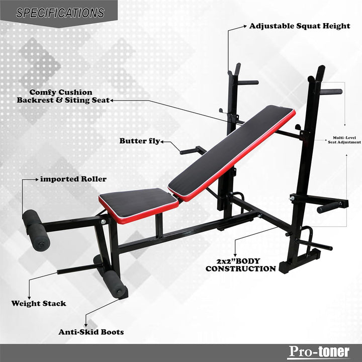 Protoner Adjustable Weight Bench with Incline, Decline and Flat Positions, Heavy Duty Pipes, Cushioned Seat, Black | Gym Equipment | Home Gym Equipment | Commercial Gym Machines | Strength Training Equipment | Protoners | [2025]