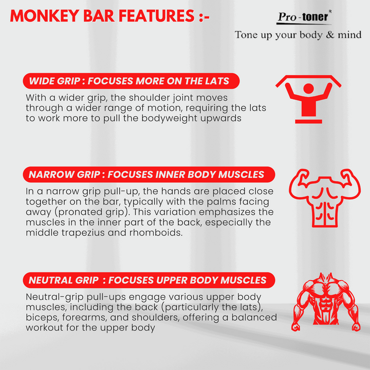 Monkey Bar for Chin ups, Pull Ups and Height Increase , 50 x 21 inch, Red Black Protoner GYM