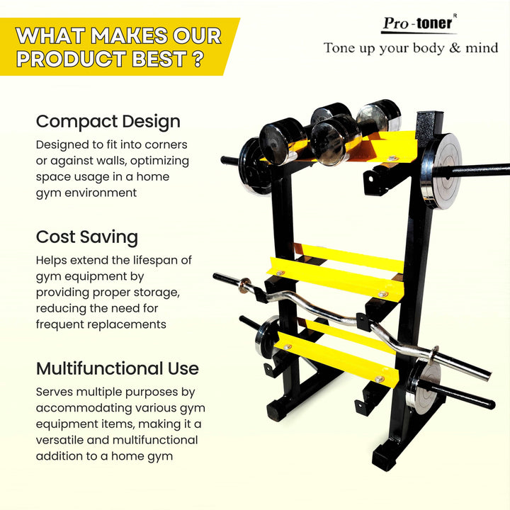 Protoner 3 in 1 Dumbbell Rack, Plate Stand and bar Holder Black and Yellow | Gym Equipment | Home Gym Equipment | Commercial Gym Machines | Strength Training Equipment | Protoners | [2025]