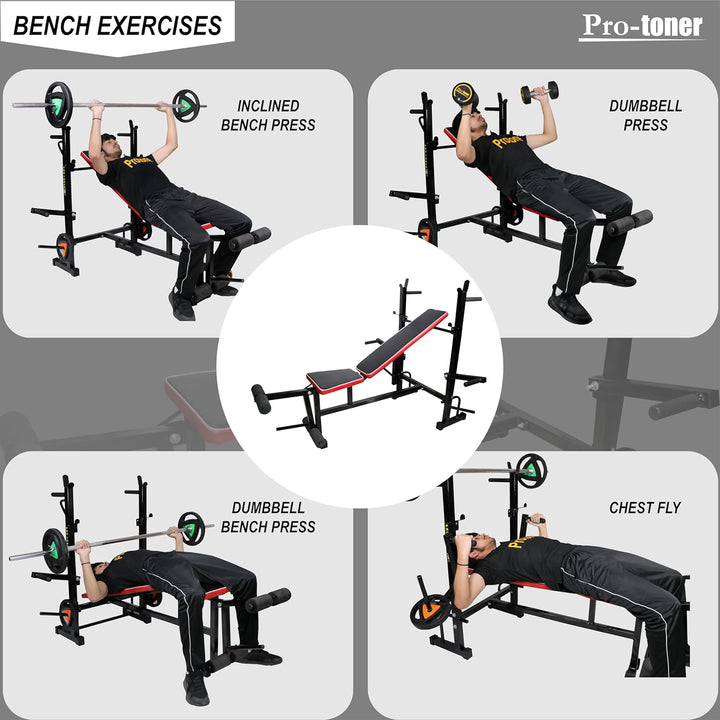 Protoner Adjustable Weight Bench with Incline, Decline and Flat Positions, Heavy Duty Pipes, Cushioned Seat, Black | Gym Equipment | Home Gym Equipment | Commercial Gym Machines | Strength Training Equipment | Protoners | [2025]