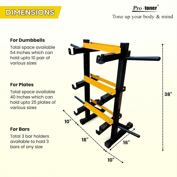 Protoner 3 in 1 Dumbbell Rack, Plate Stand and bar Holder Black and Yellow Protoner GYM